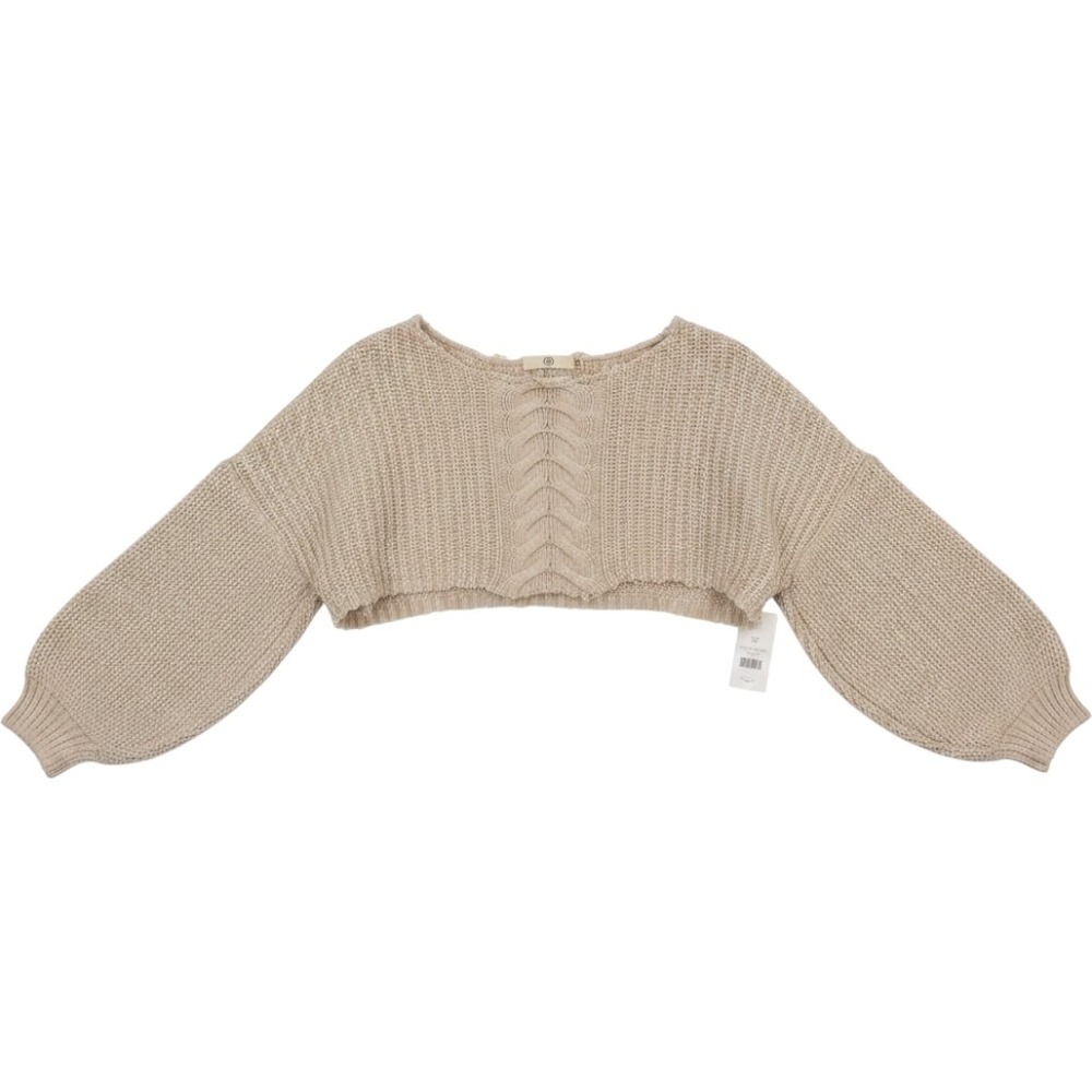 Missguided Womens Beige Cable Knit Distressed Cropped Balloon Sleeve Sweater US4